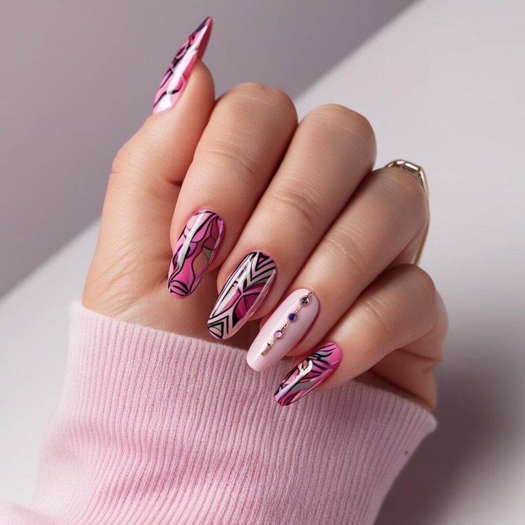 Short Acrylic Nails Pink color with Design
