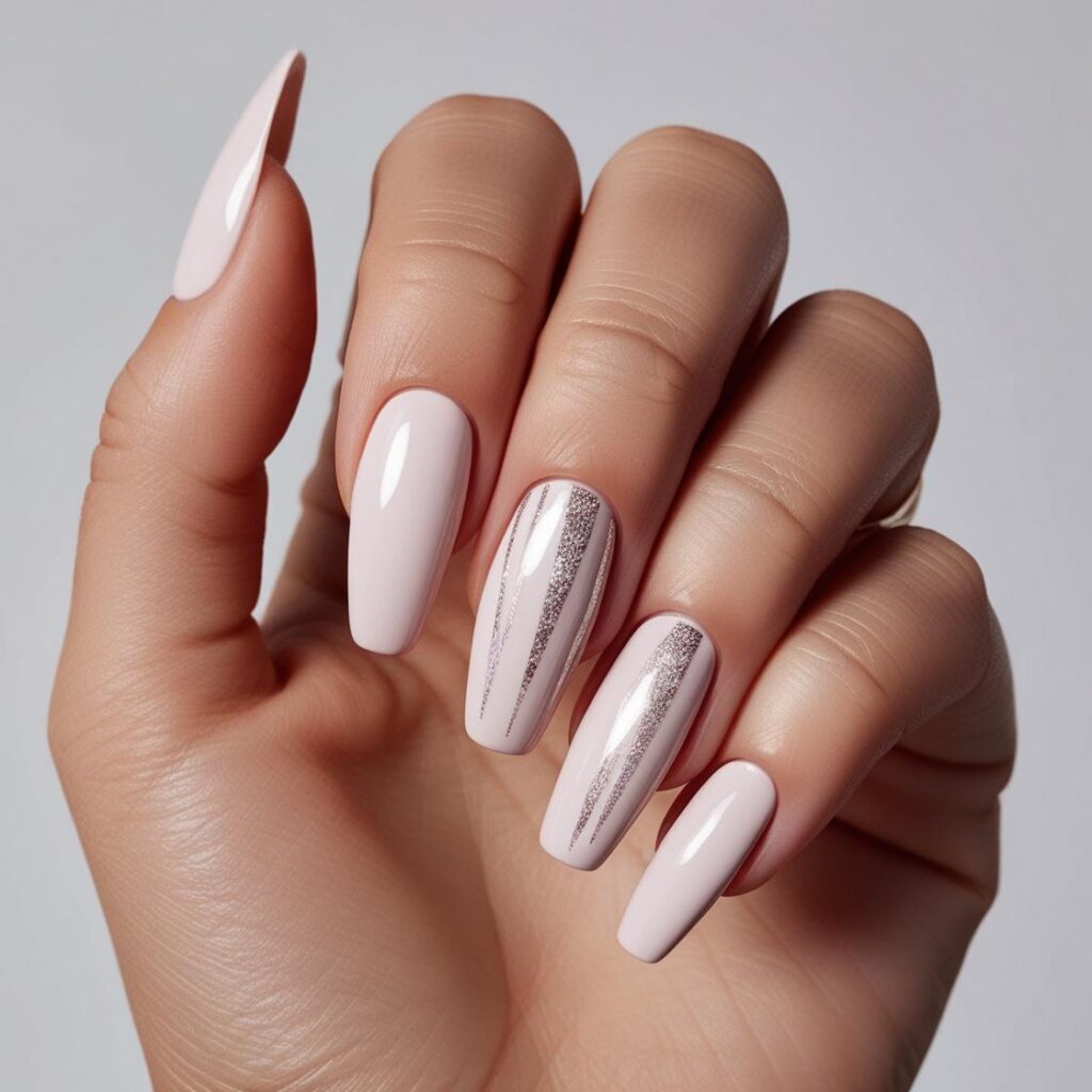 Glittered-Metallic White & Silver Color Almond-Shape Acrylic Nails