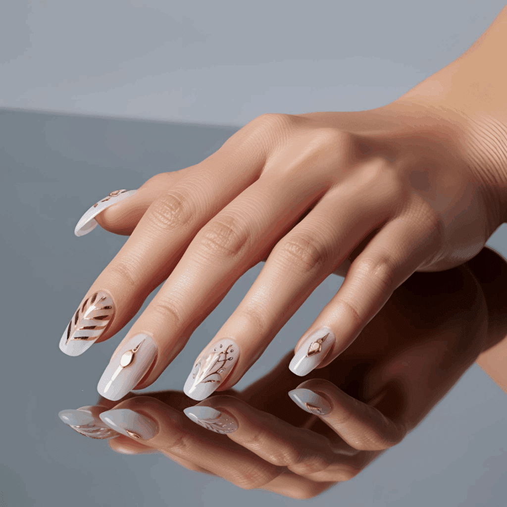 Gel Nails White with Gold Design