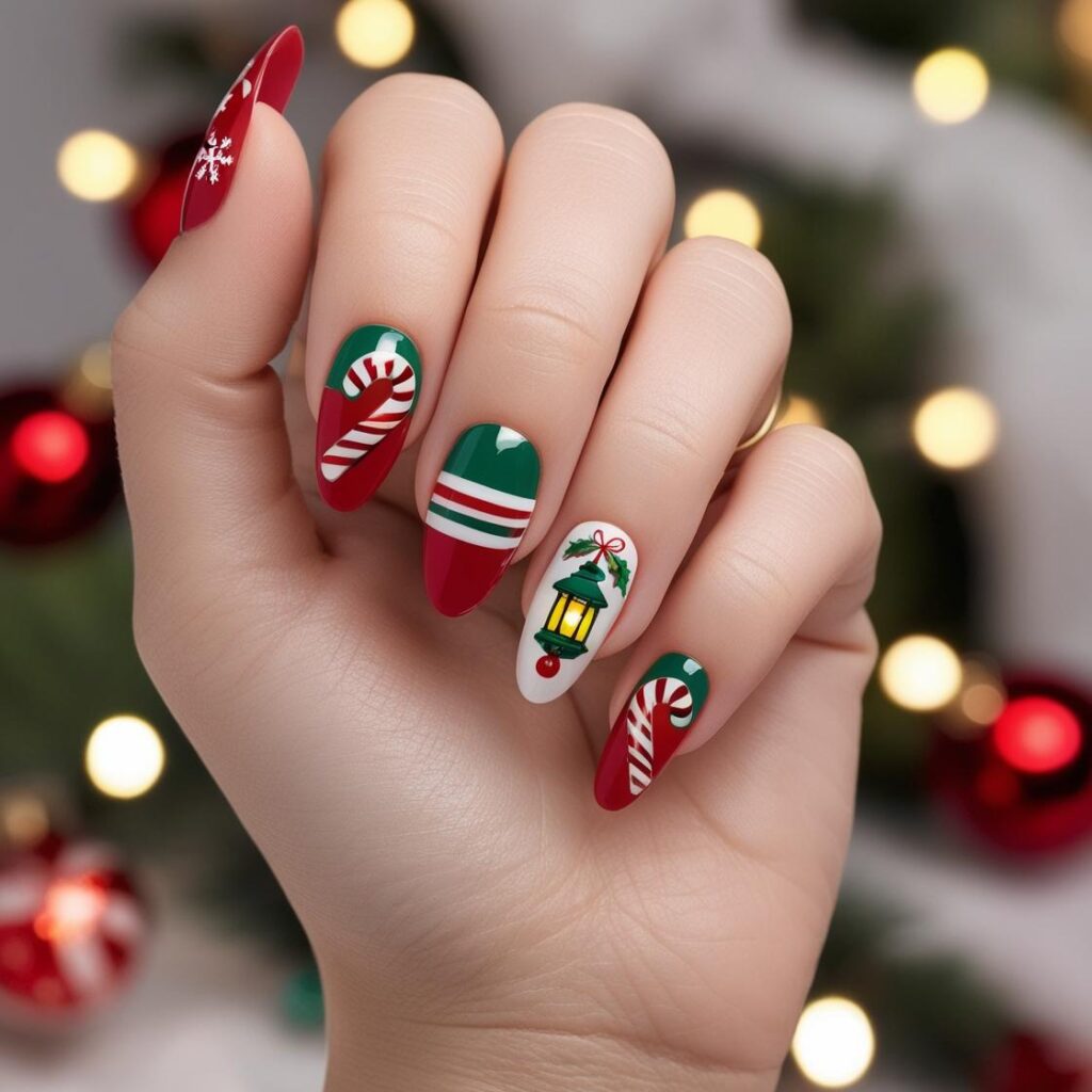 Christmas Press On Nails with Candy Canes and Christmas Lanterns.