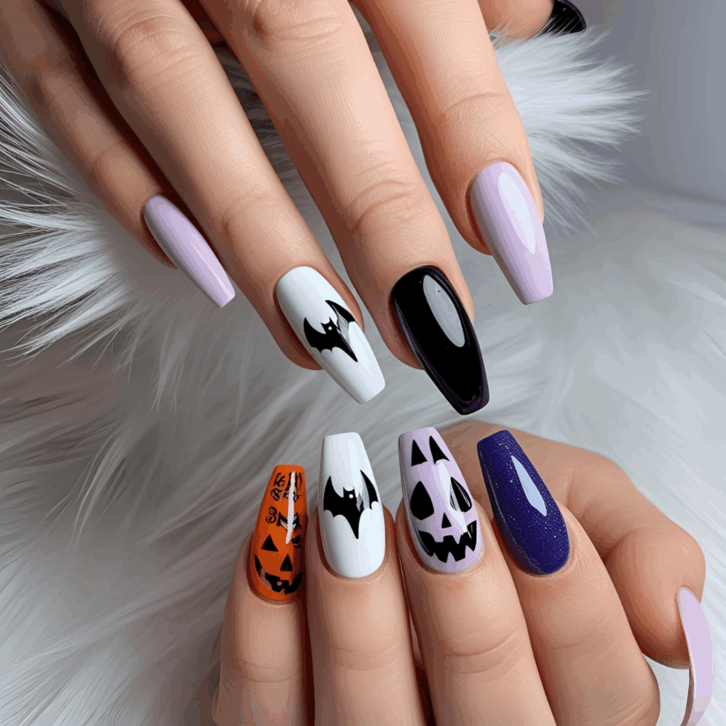 Halloween Press On Nails in White, Black and Purple