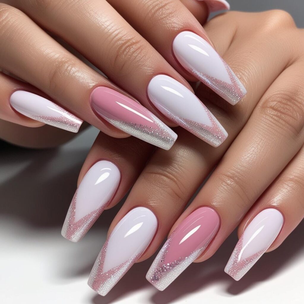Pink white coffin glitter acryllic nails