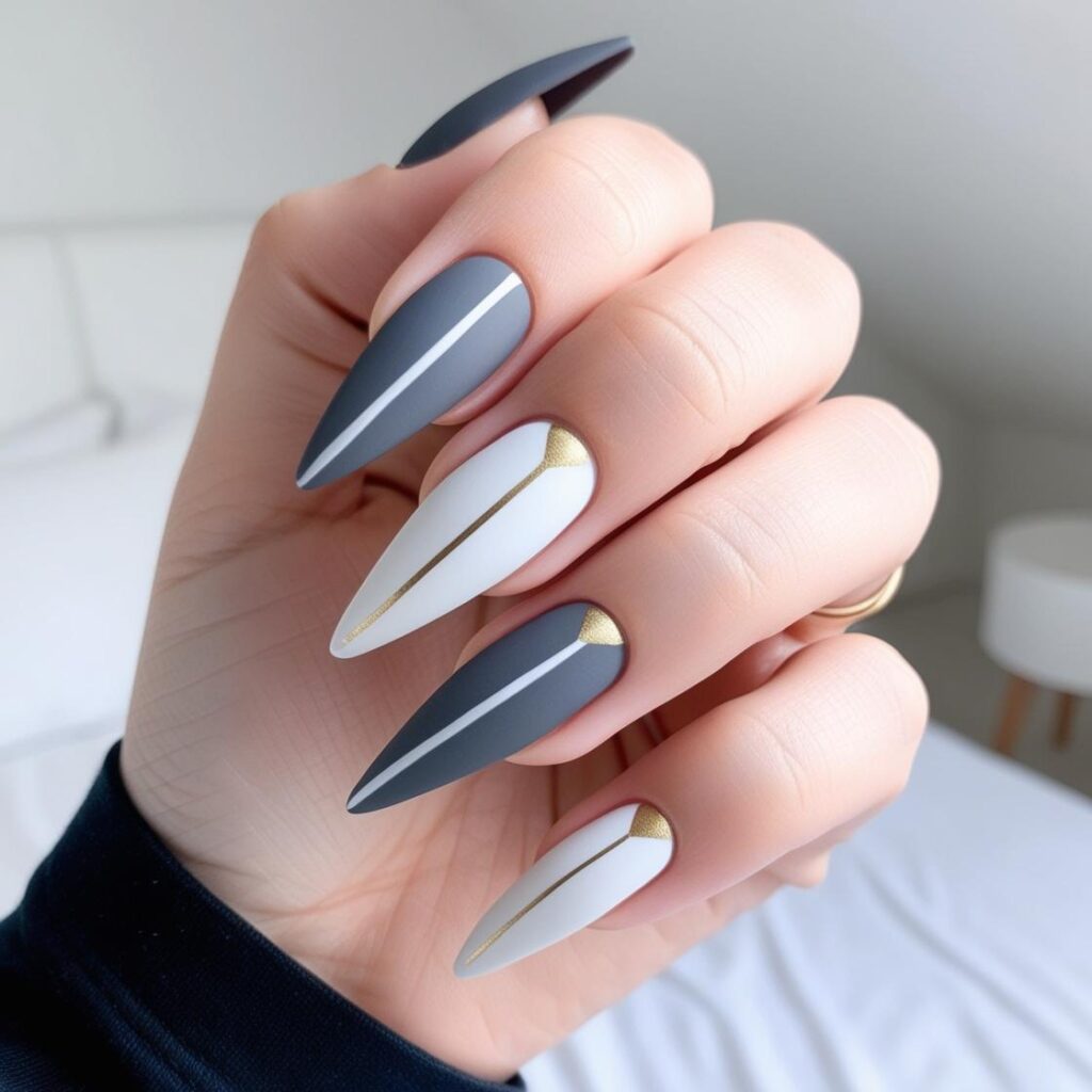 Short Stiletto Nails Gray and White with Gold Design