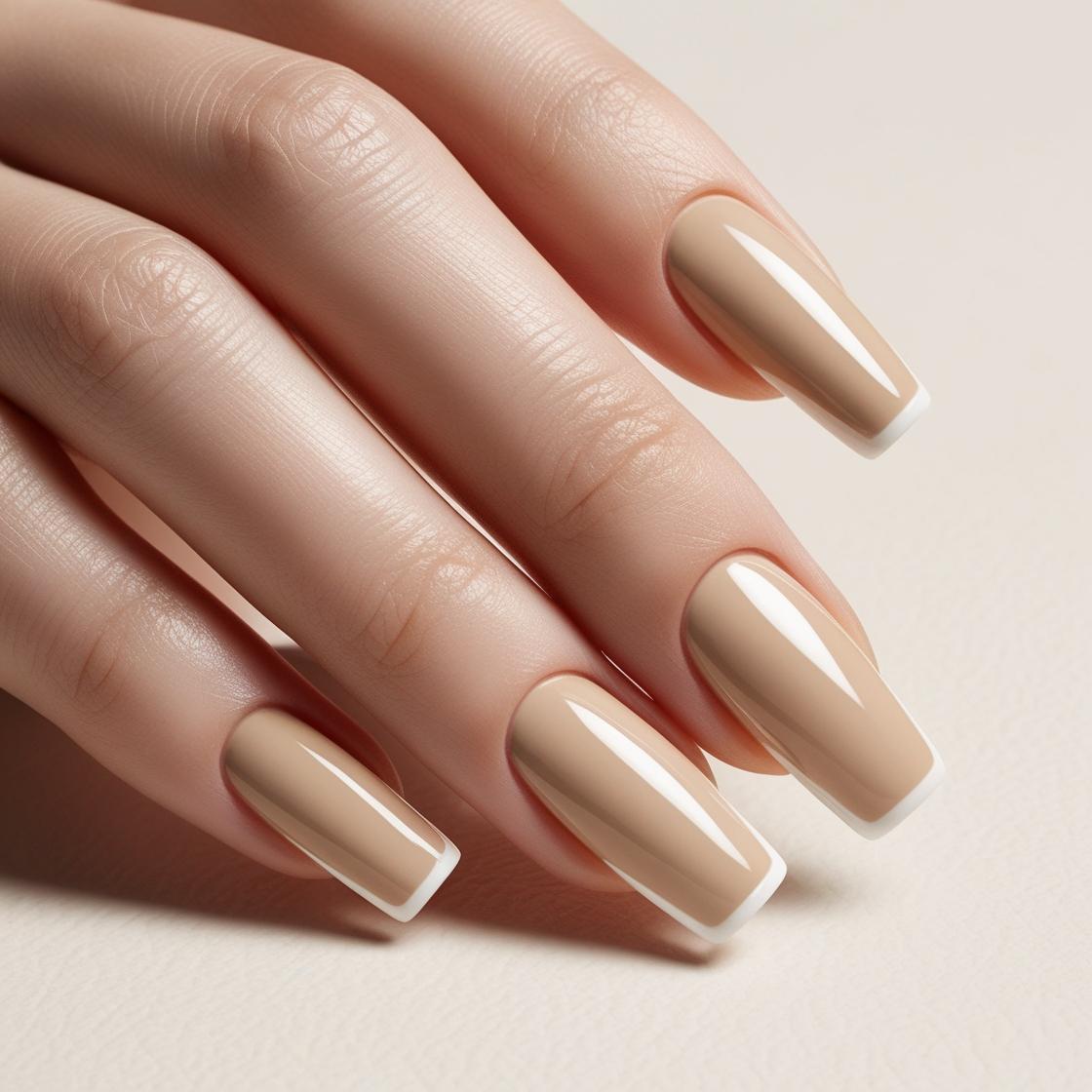 Square French Tip Nails Nude Beige and White Tip