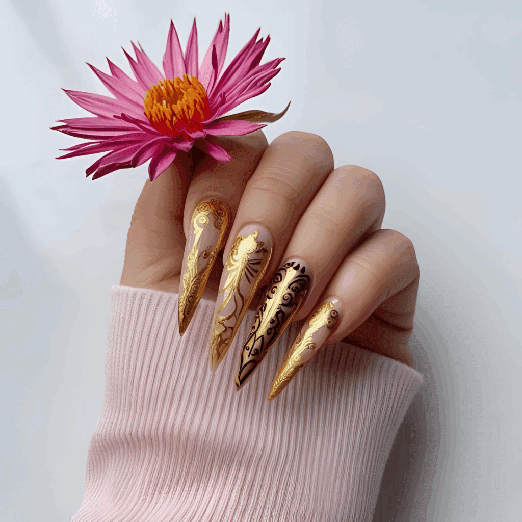 Stiletto Gel Nails Gold Colour