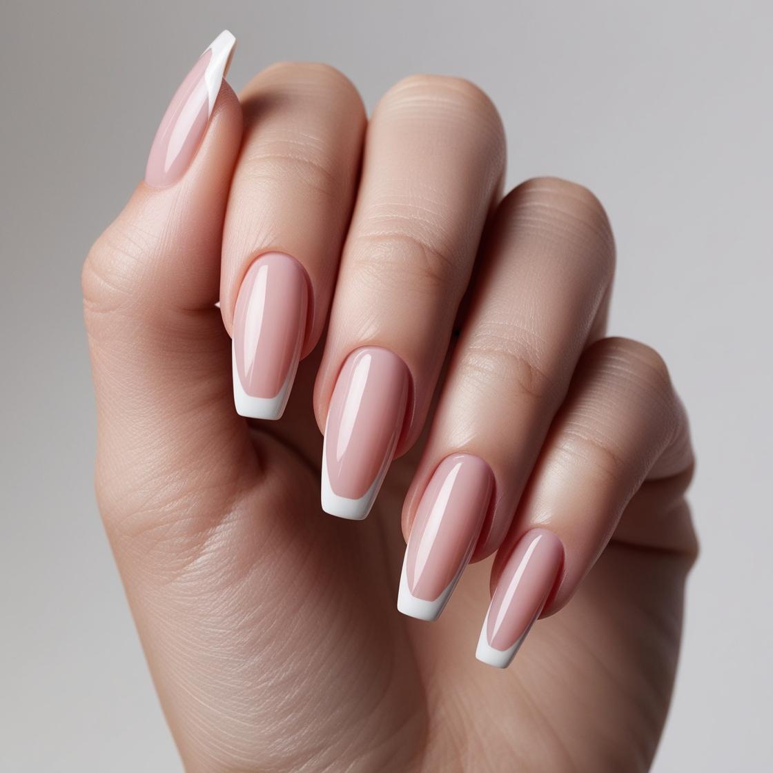 Short Coffin French Tip Nails Light Pink & White Tips