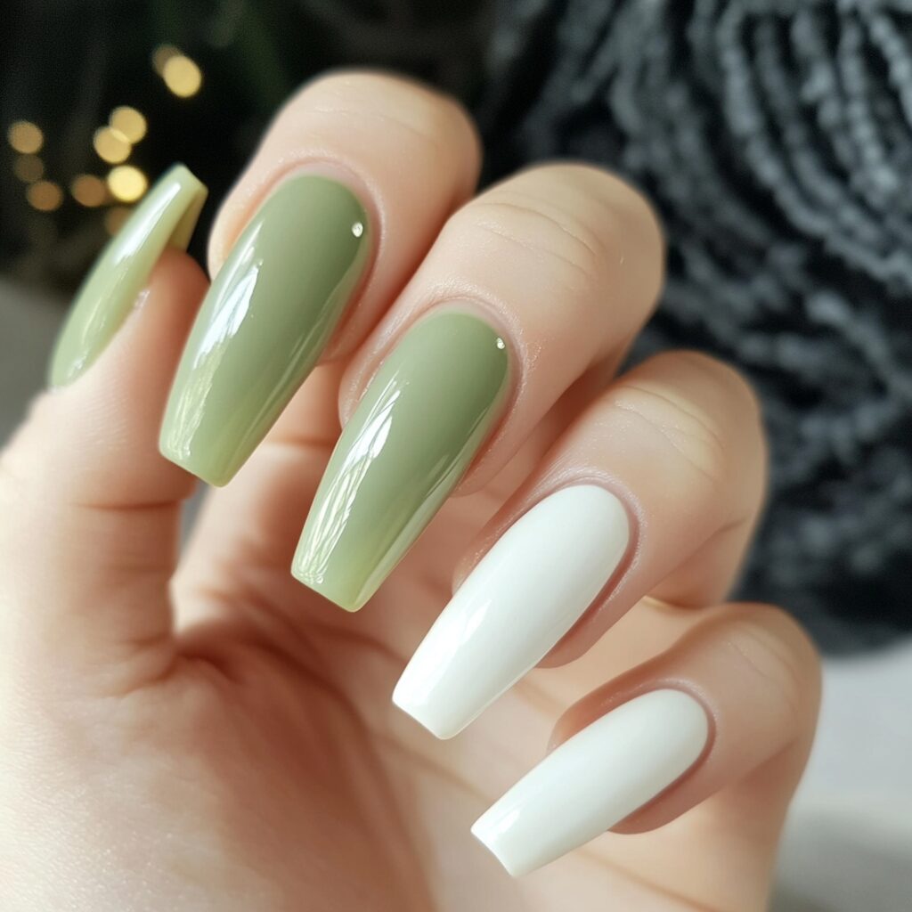 coffin_shaped_french_tip_nails green & white