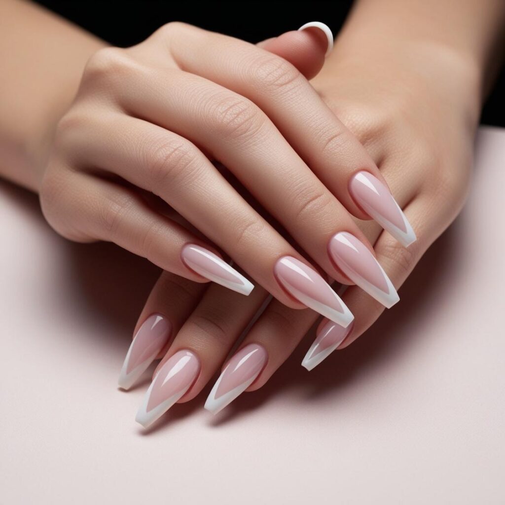 V-Shape French Tip Coffin Nails Light Pink & White V-tip
