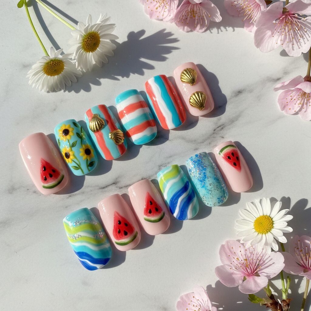 square summer acrylic nails - design example 2